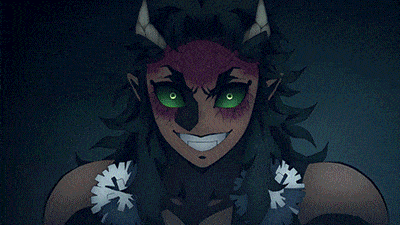 a cartoon of a man with green eyes and horns holding a sword