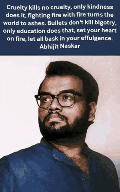 a man with glasses and a quote about cruelty