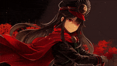 a girl with red eyes and a red cape is wearing a hat
