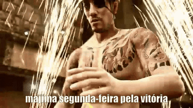 a man with a tattoo on his chest is standing in front of a firework display .