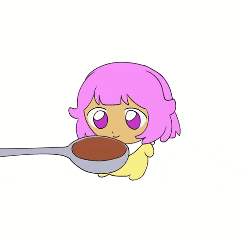 a cartoon character with pink hair licking a spoon