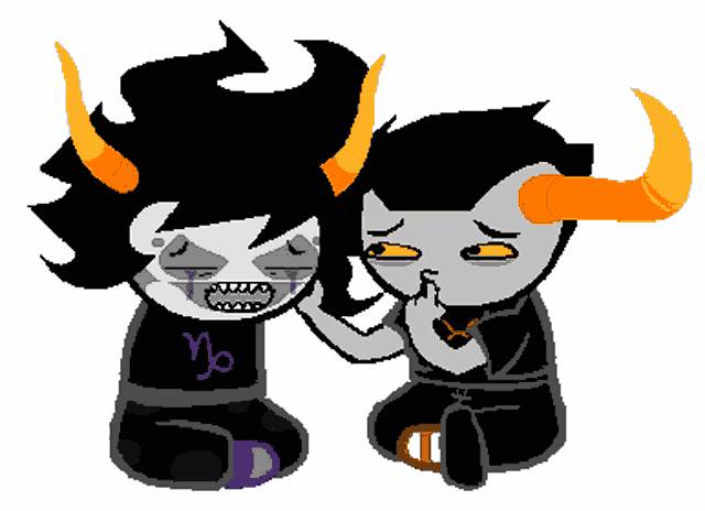 a pixel art drawing of two trolls one of whom has a purple shirt with the letter y on it