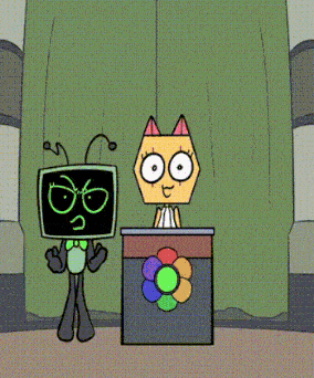 two cartoon characters standing next to each other in front of a green curtain .