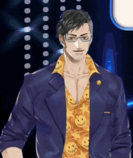 a man with glasses and a smiley face shirt