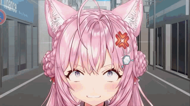 a girl with pink hair and cat ears has an angry expression