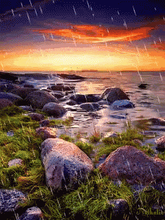 a painting of a rocky shoreline with a sunset in the background
