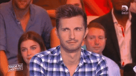a man in a plaid shirt is sitting in a crowd of people watching a show called touche pas a mon poste