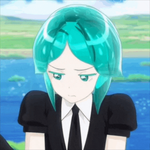 a girl with turquoise hair is wearing a black shirt and tie .