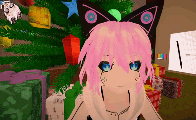a girl with pink hair and blue eyes is standing in front of a christmas tree and presents