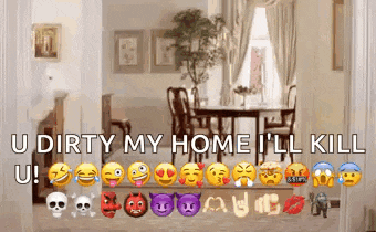 a dining room with a table and chairs and a bunch of emojis on the floor .