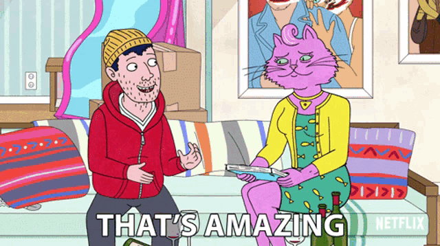 a cartoon shows a man and a woman sitting on a couch and the words that 's amazing