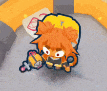a cartoon character with orange hair and red eyes holding a sword