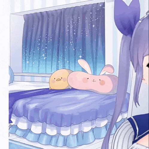 a cartoon drawing of a girl looking at a bed with a stuffed animal on it