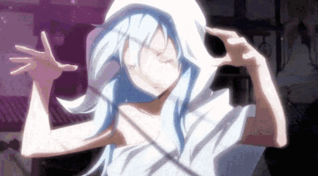 a girl with blue hair is wearing a white hooded jacket