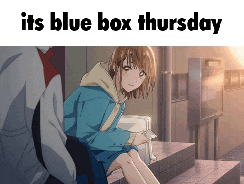 a picture of a girl with the words its blue box thursday on the bottom