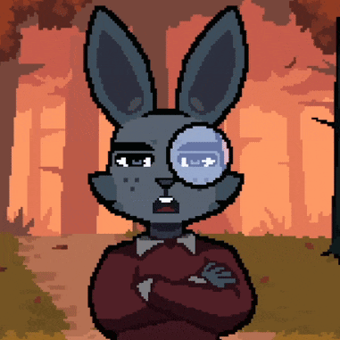 a pixel art drawing of a bunny with a magnifying glass on his eye