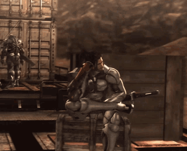 a video game character is sitting in a chair with a gun