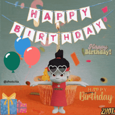 a birthday card with a cartoon character and a cupcake