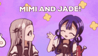 two anime girls are standing next to each other on a purple background with the words mimi and jade !