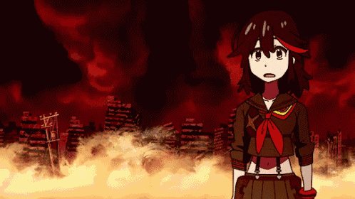 a girl in a school uniform stands in front of a fire
