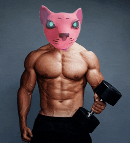 a shirtless man with a pink cat mask on his head holds a dumbbell