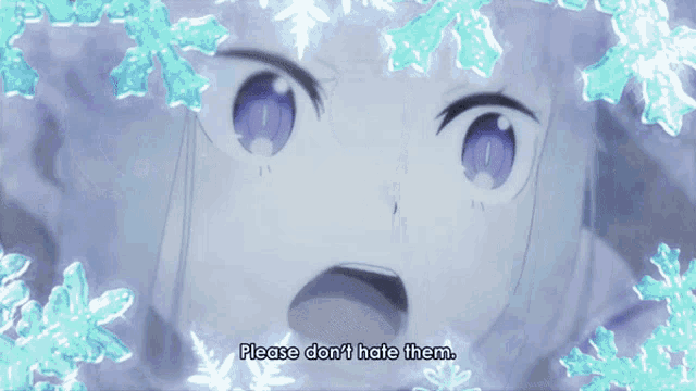 a girl with purple eyes says please don 't hate them