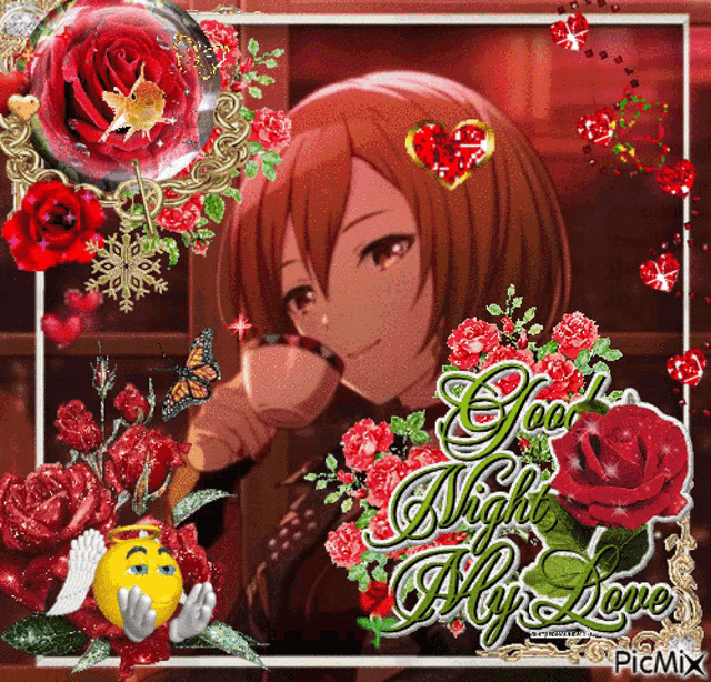 a picture of a girl surrounded by red roses with the words good night my love