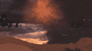a group of military vehicles are flying in the sky with a huge explosion in the background