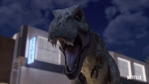 a netflix ad shows a dinosaur flying over a restaurant at night
