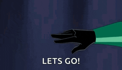 a green lantern from the justice league animated series is pointing at the camera and says `` let 's go '' .