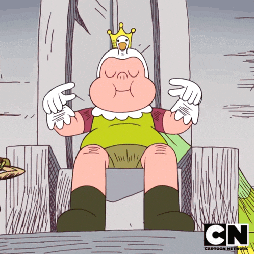 a cartoon character is sitting on a throne with the cn logo on the bottom