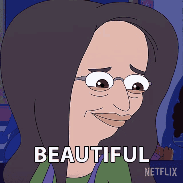 a cartoon of a woman with glasses and the word beautiful