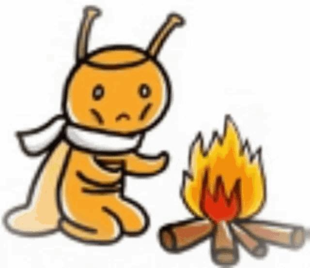 a cartoon ant is kneeling down next to a campfire .