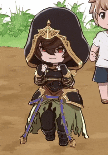 a cartoon character with a hood and a crown is kneeling down