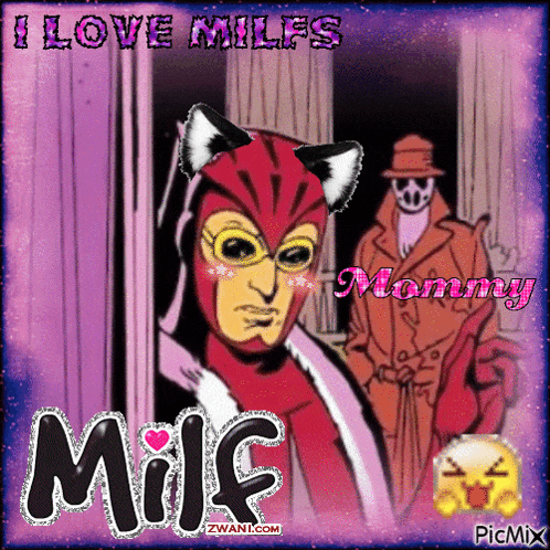 a picture of a man in a cat mask says i love milfs