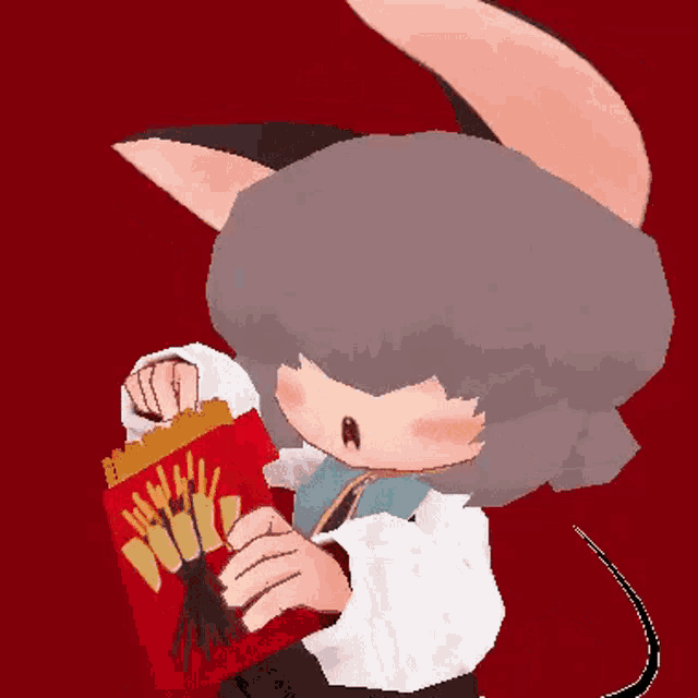 a cartoon character is holding a bag of pocky