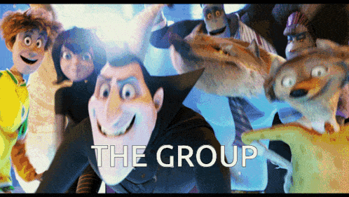 a group of cartoon characters are posing for a picture with the words " the group " above them