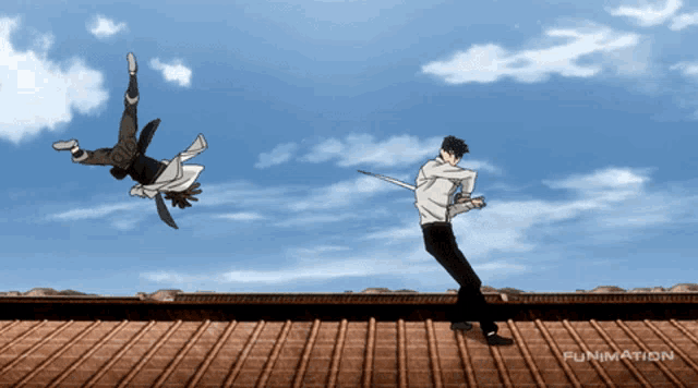 a man holding a sword is fighting another man on a roof that says funimation on it