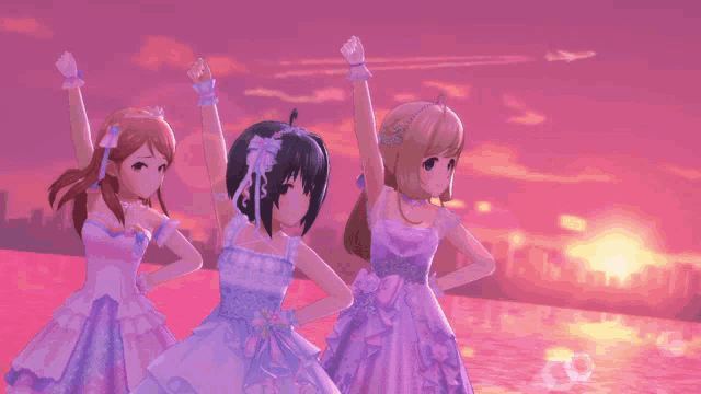 three anime girls in purple dresses are posing for a picture