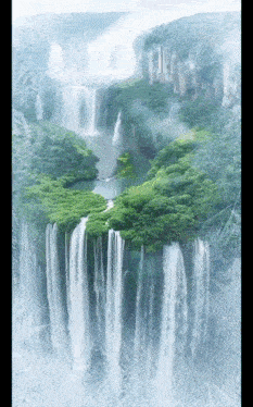 a painting of a waterfall in the middle of a lush green forest