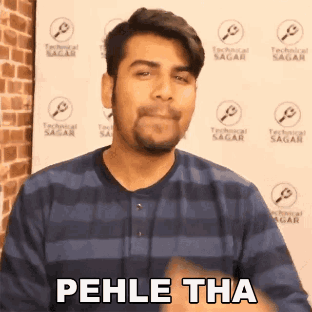 a man in a striped shirt is making a funny face and says pehle tha
