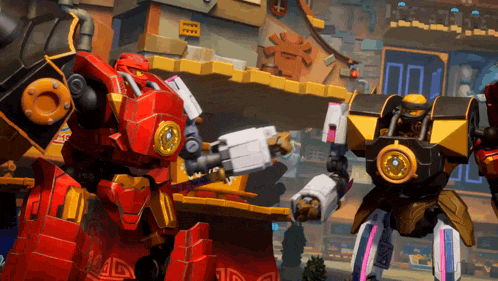 two robots are standing in front of a building with a sign that says 001 on it
