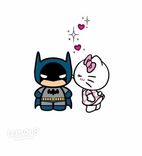 a cartoon of hello kitty kissing batman on the cheek .