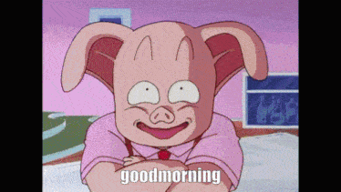 a cartoon pig says " good morning " in a pink shirt