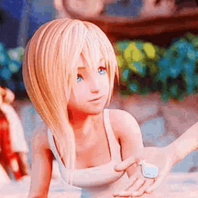 a girl with blonde hair and blue eyes is holding a person 's hand in a video game .