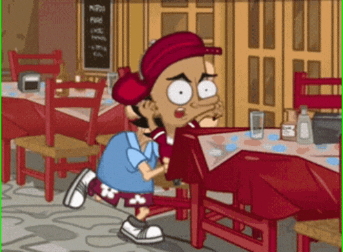 a cartoon character with a red hat and shorts that say ts on them