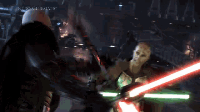two lightsabers are being thrown at each other with the words intro cinematic in the corner