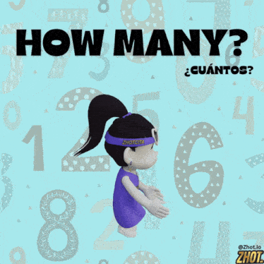 a cartoon girl is standing in front of numbers with the words how many written above her