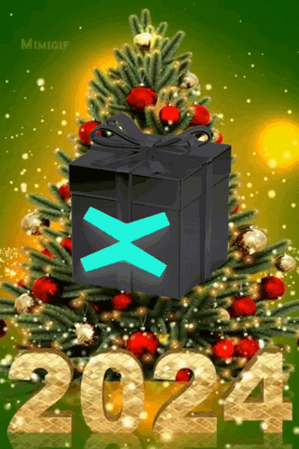 a christmas tree with a gift in front of it and the number 2024