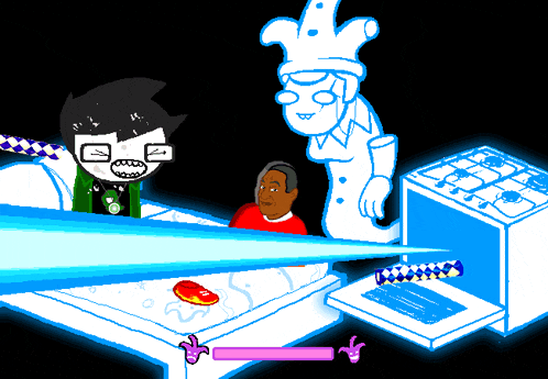 a cartoon of a man in a red shirt being attacked by a ghost with a sword